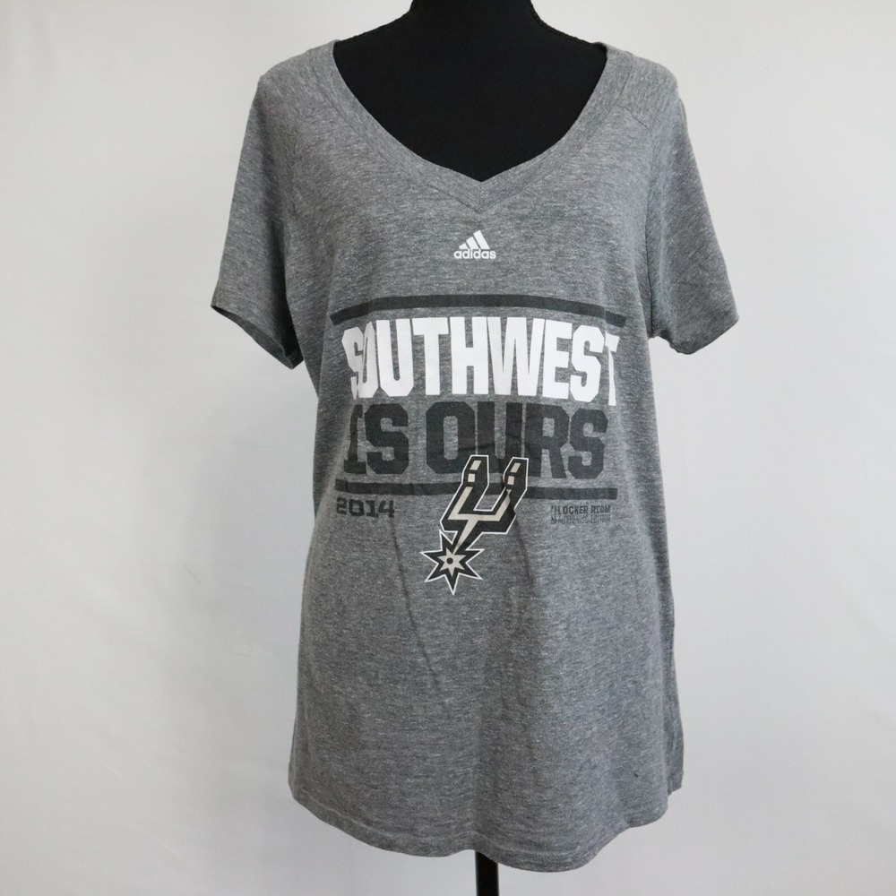 San Antonio Spurs T-Shirt Womens 2XL XXL Adidas NBA V-Neck Tee Gray Short Sleeve